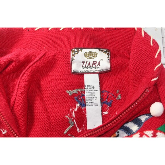 Vintage Tiara International Christmas Cardigan Skiing Snowman Holiday Sweater L - Picture 6 of 6